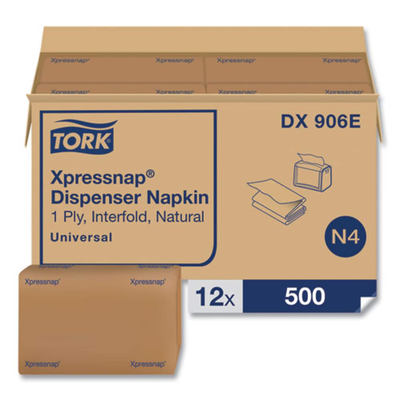 Tork Xpressnap Interfold Dispenser Napkins, 1-Ply, Bag-Pack, 13 x 8.5, Natural, 500/Pack, 12 Packs/Carton (TRKDX906E)