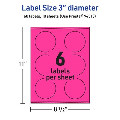 Avery Laser/Inkjet Round Multipurpose Labels, 3" Dia., Neon Magenta, 60/Pack (94513)