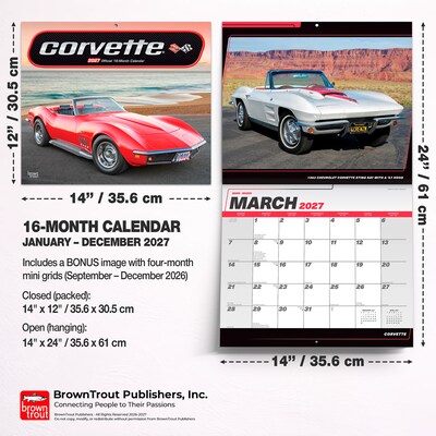 2027 BrownTrout Corvette 14" x 12" Monthly Wall Calendar, Assorted Colors (9798330713165)