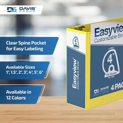Davis Group Easyview Premium 4" Angle D Ring, Customizable, View Binder, Yellow, 4/Pack (8406-05)