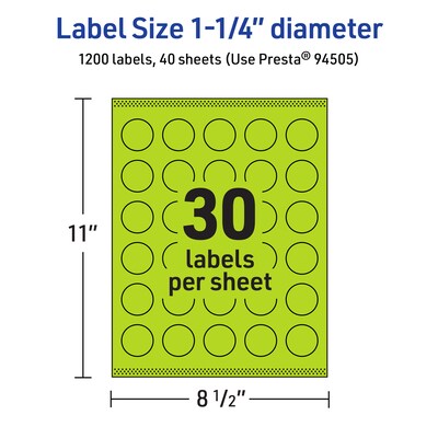 Avery Laser/Inkjet Multipurpose Circle Labels, 1.25" Dia., Bright Green, 1200/Pack (94505)