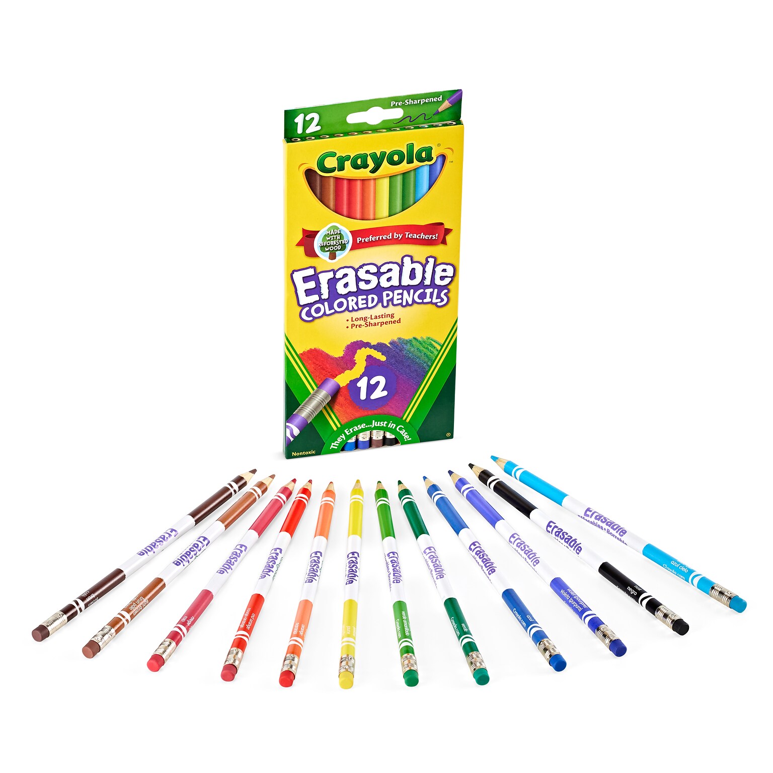 Crayola Erasable Kids Colored Pencils, Assorted Colors, 12 Pencils/Box (68-4412)