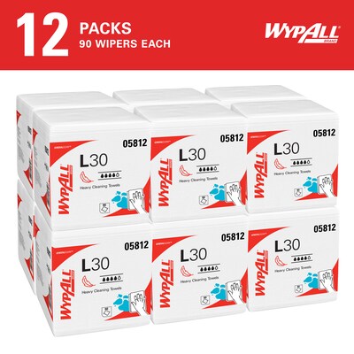 WypAll GeneralClean L30 Durable Fibers Cleaning Wipers, 12 x 12.5, White, 90 Wipers/Box, 12/Carton