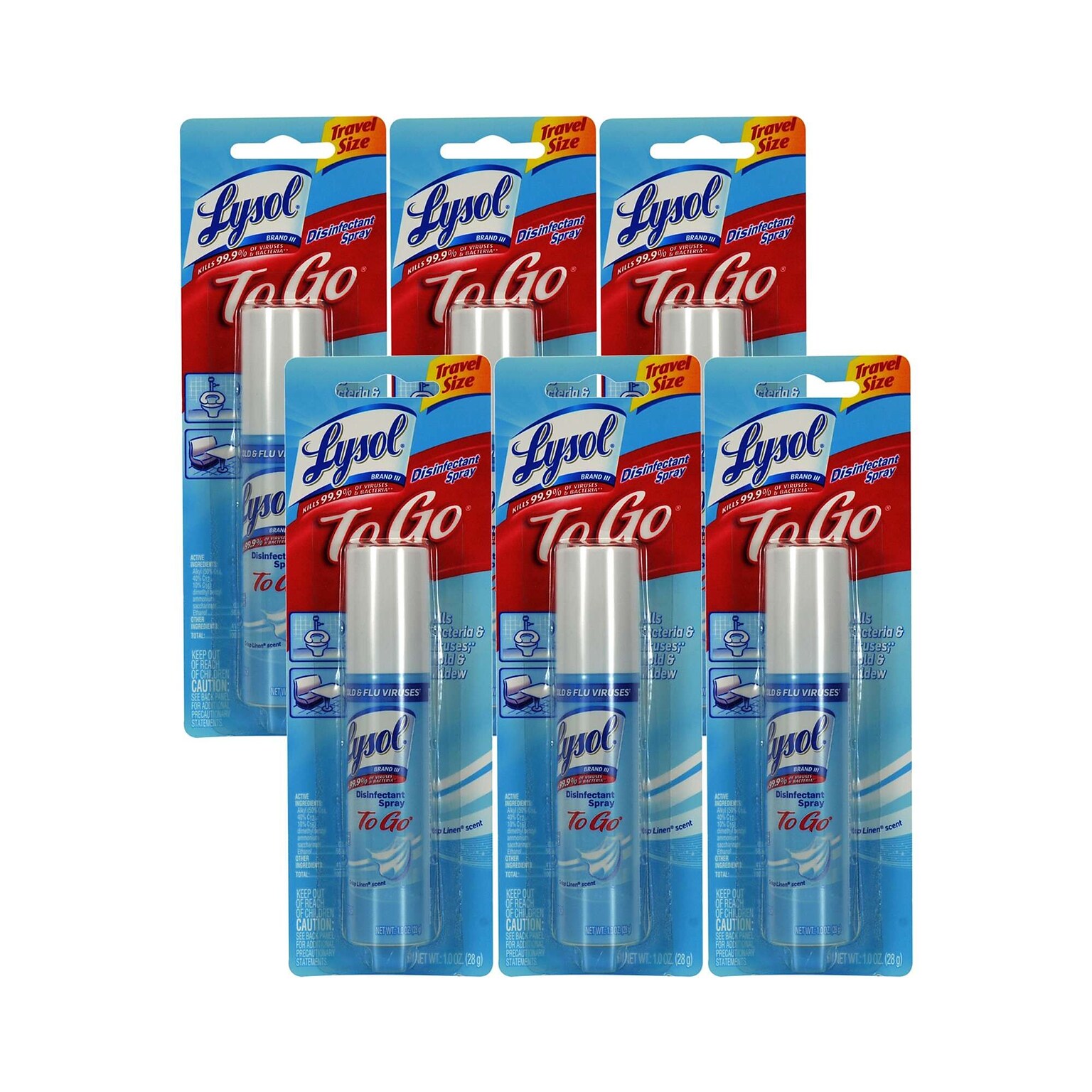 Lysol To Go Crisp Linen Disinfectant Spray, 1 oz Travel Size Bottle, 6 Bottles/Bag, 12 Bags/Carton