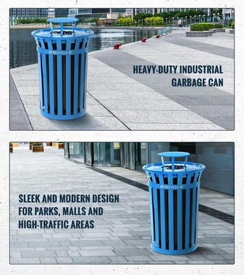 Alpine Industries Metal Commercial Outdoor Recycling Receptacle with Rain Bonnet Lid, 38 Gallon, Black/Blue (479-38-1-BLU)