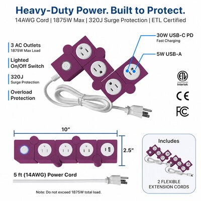 Uncaged Ergonomics Flexible 5' Extension Cord, 3-Outlet, 14 AWG, Plum (2xFPS-Plum)
