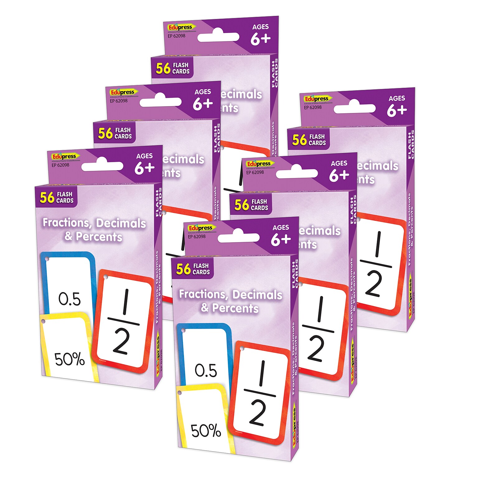 Teacher Created Resources Fractions, Decimals & Percents Flash Cards, 56/Pack, 6 Packs/Bundle (TCR62098-6)