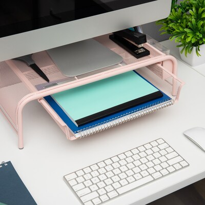 Mind Reader Monitor Stand with Paper Tray, Metal, Pink (MESHMONSTA-PNK)