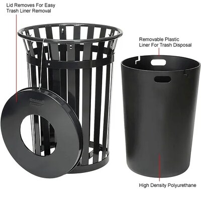 Global Industrial Outdoor Slatted Steel Trash Can w/ Flat Lid, 36 Gallon, Black (237726BK)