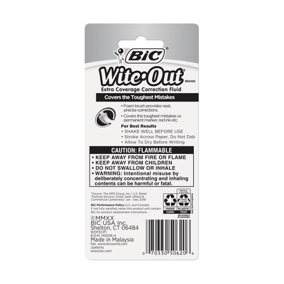 BIC Wite-Out Extra Coverage Correction Fluid, 20 ml., White (50624/WOFEC12)