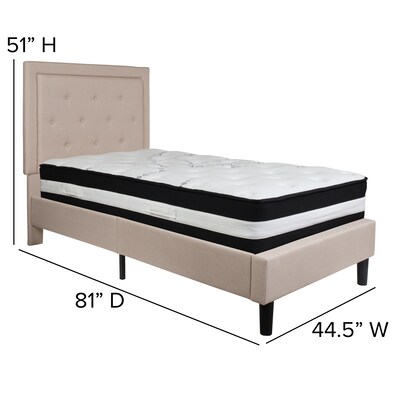 Flash Furniture Roxbury Tufted Upholstered Platform Bed in Beige Fabric with Pocket Spring Mattress, Twin (SLBM17)