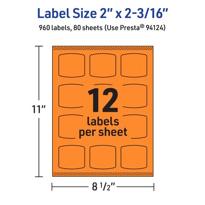 Avery Laser/Inkjet Multipurpose Square Labels, 2" x 2-3/16", Bright Orange, 960/Box (94124)