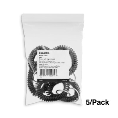 Staples Key Ring Wrist Coil, Black, 5/Pack (22156)