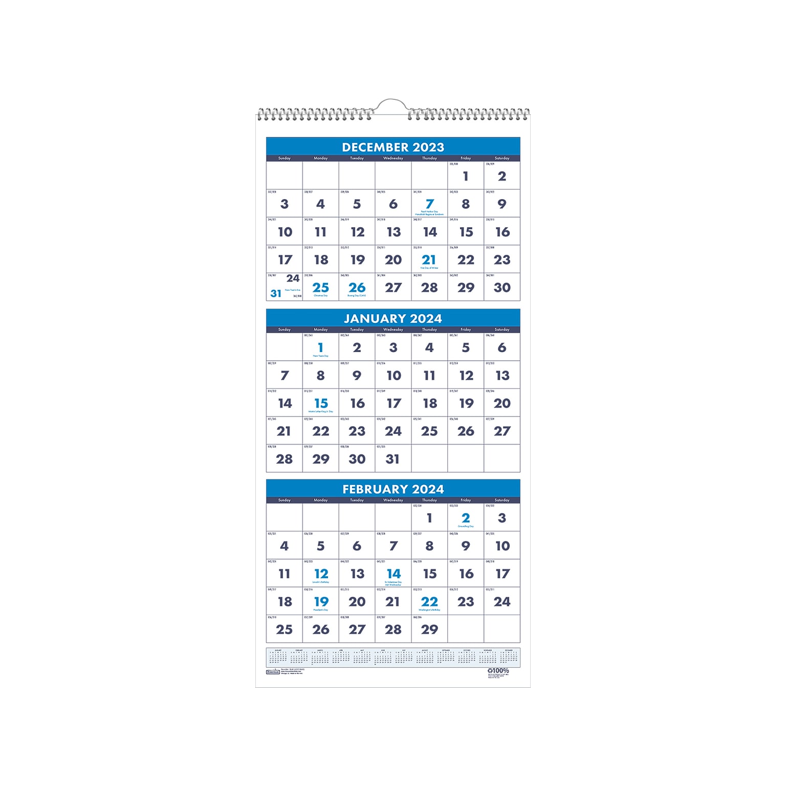 2024 House of Doolittle Large Numeral 12.25 x 26 Three-Month Wall Calendar, White/Blue (3640-24)