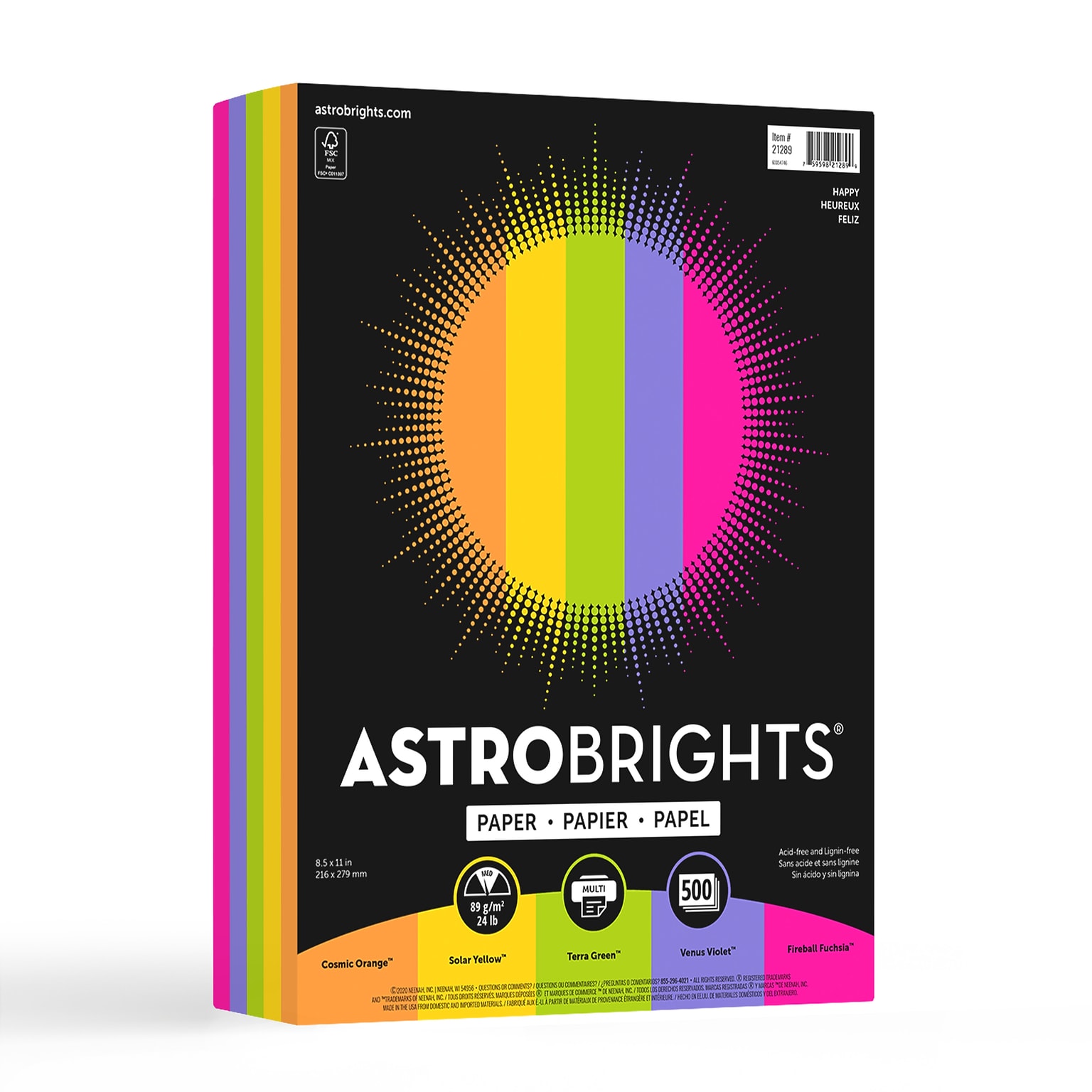 Astrobrights Colored Paper, 24 lbs., 8.5 x 11, Assorted Happy Colors, 500 Sheets/Ream (21289)