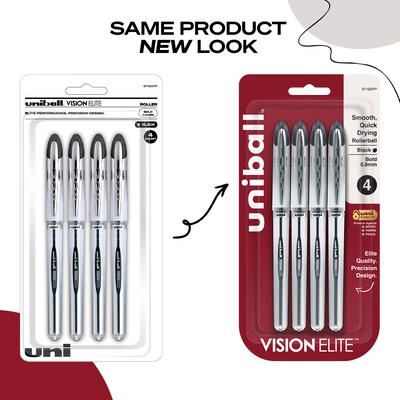 uni-ball Vision Elite Rollerball Pen, Bold Point, 0.8mm, Black Ink, 4/Pack (67180)
