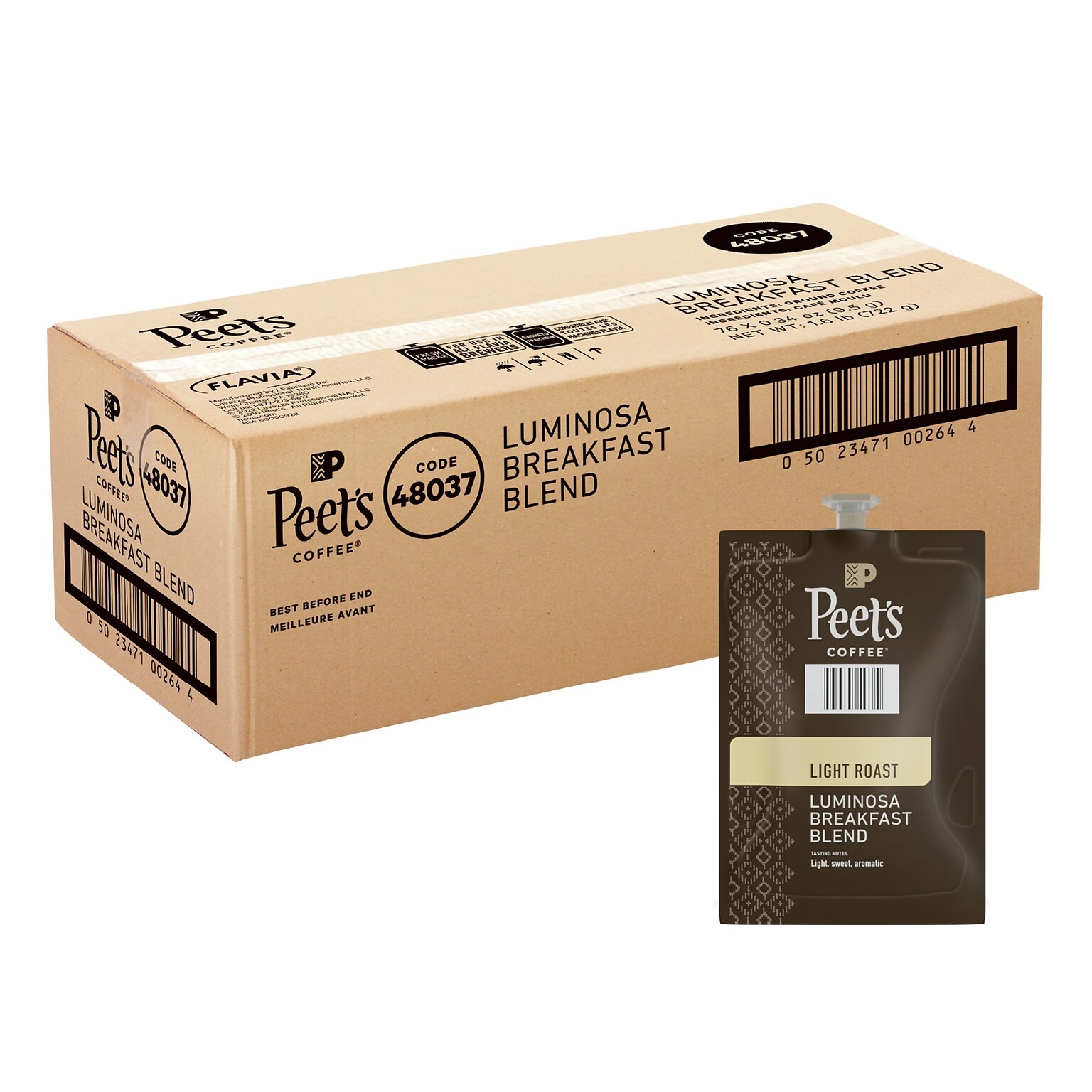 Peets Coffee Colombia Luminosa Breakfast Blend Coffee Flavia Freshpacks, Light Roast, 76 Packs/Carton (LPC00264)