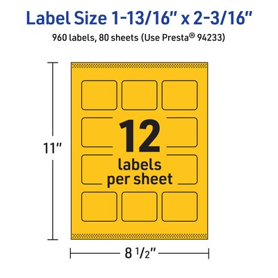 Avery Rectangle Laser/Inkjet Multipurpose Labels, 1-13/16" x 2-3/16", Bright Yellow (960/Box)