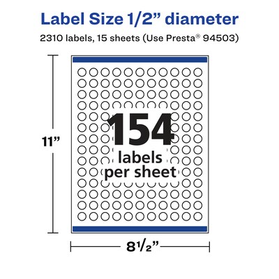 Avery Laser/Inkjet Round Multipurpose Labels, 0.5" Dia., White, 2310 Labels/Pack (94503)