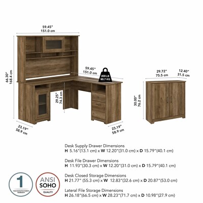 Bush Furniture Cabot 60"W L Shaped Computer Desk with Hutch and Small Storage Cabinet, Reclaimed Pine (CAB016RCP)