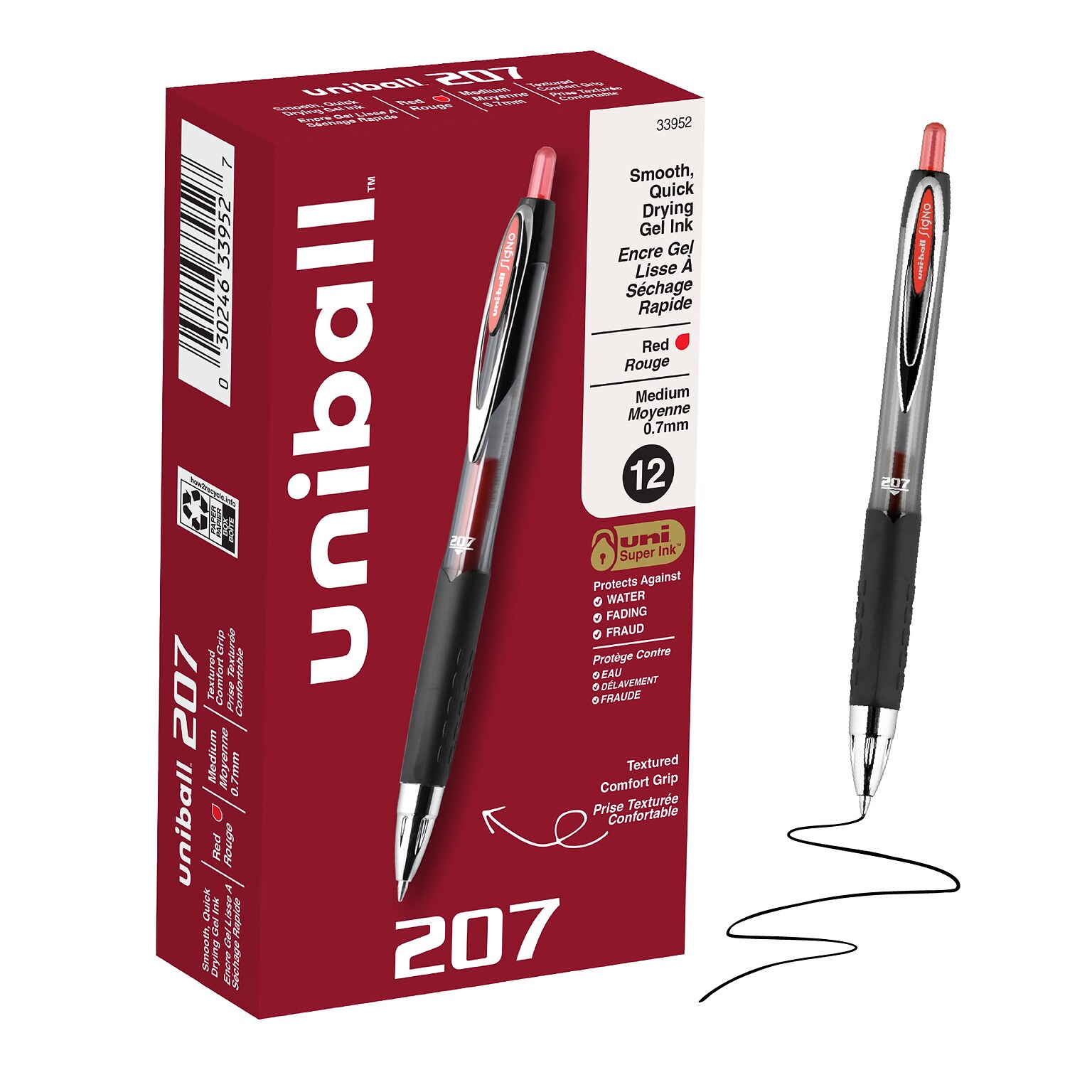 uniball 207 Retractable Gel Pens, Medium Point, 0.7mm, Red Ink, Dozen (33952)