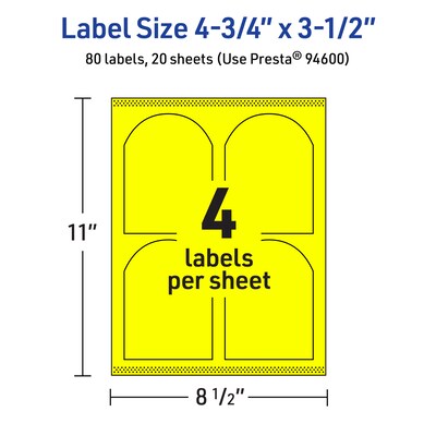 Avery Arched Laser/Inkjet Multipurpose Labels, 4.75" x 3.5", Neon Yellow (80/Pack)