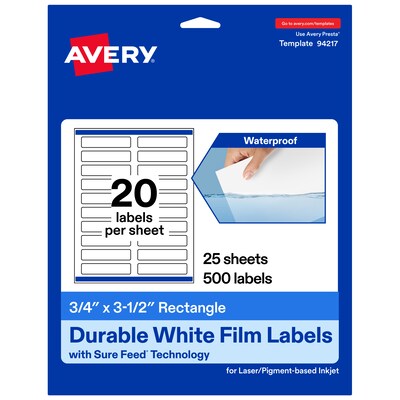 Avery Laser/Inkjet Rectangle Waterproof Multipurpose Labels, 3.5  x 0.75, White, 500/Pack (94217)