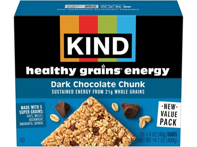 KIND Healthy Grains Gluten Free Dark Chocolate Chunk Energy Bar, 1.4 oz., 10 Bars/Box (67074)