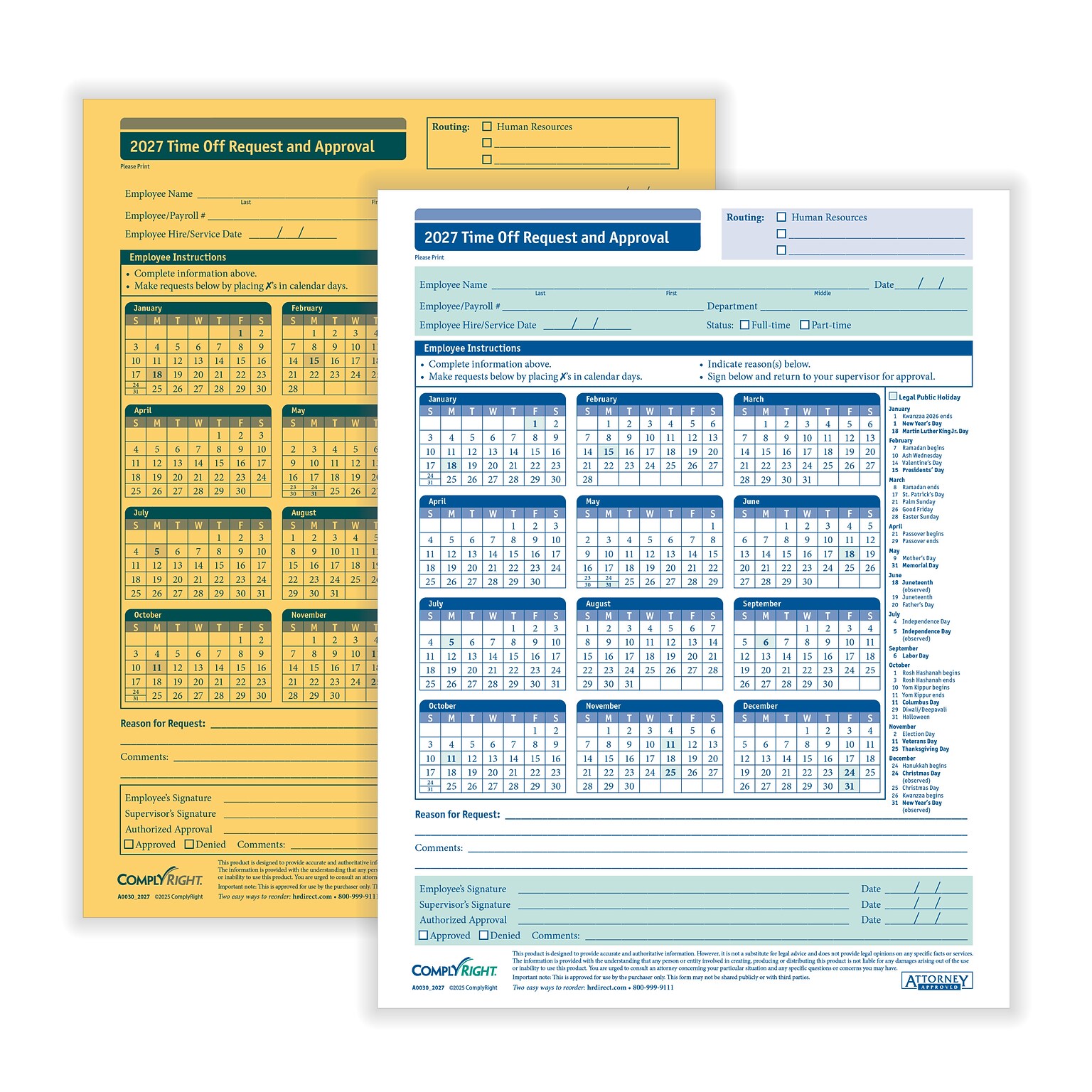ComplyRight 2027 Time Off Request and Approval Form, 2-Part, 50 Forms/Pack (A0030)