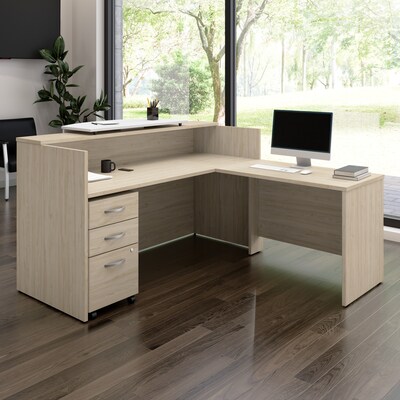 Bush Business Furniture Arrive 72"W L Shaped Reception Desk with Counter and Mobile File Cabinet, Natural Elm (ARV010NE)