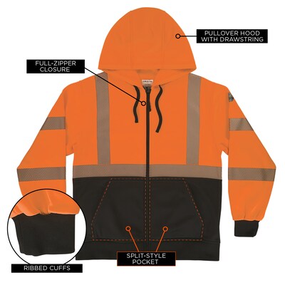Ergodyne GloWear 8318BK High Visibility Long Sleeve Black Bottom Hooded Zip-Up Sweatshirt, ANSI Type R Class 3, Orange, Medium