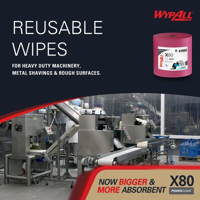 WypAll PowerClean X80 Cloth Cleaning Wipers, 16.8" x 12.5", Red, 455 Sheets/Roll (41055)