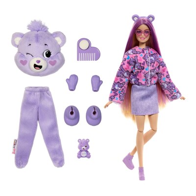 Mattel Barbie Cutie Reveal Care Bears Series Doll, Share Bear Plush Costume, Purple (JCN94)