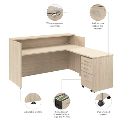 Bush Business Furniture Arrive 72"W L Shaped Reception Desk with Shelf and Mobile File Cabinet, Natural Elm (ARV007NE)