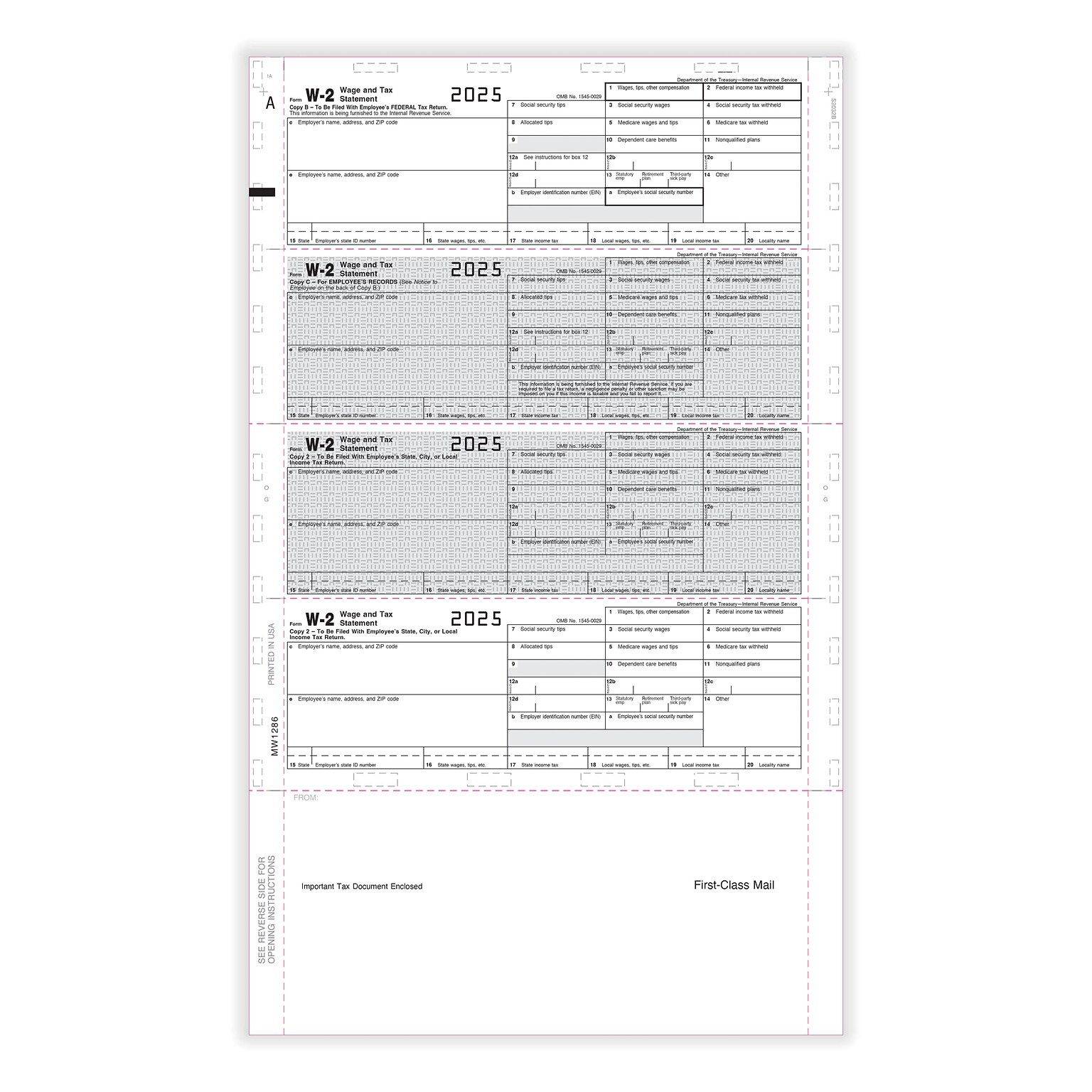 ComplyRight 2025 W-2 Tax Form, 1-Part, 4-Up, Copy B and C, 500/Pack (5228B)