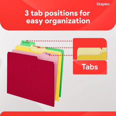 Staples File Folders, 1/3-Cut Tab, Letter Size, Assorted, 100/Pack (ST22953-CC)