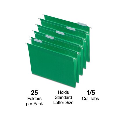 Quill Brand® Hanging File Folders, 1/5-Cut, Letter Size, Green, 25/Box (7387QGR)
