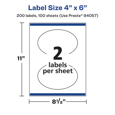 Avery Laser/Inkjet Oval Multipurpose Labels, 4" x 6", White, 200 Labels/Box (94057)