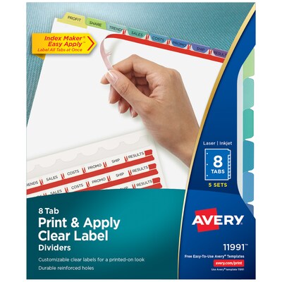 Avery Index Maker Print & Apply Label Paper Dividers, 8-Tab, Multicolor, 5 Sets/Pack (11991)