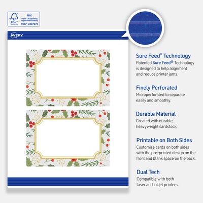 Avery Gold-Blue Border Berries Matte Blank Card, White, 20/Pack (S00-FEC)