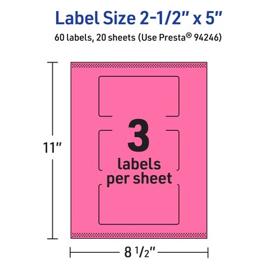 Avery Rectangle Laser/Inkjet Multipurpose Labels, 2.5" x 5", Bright Pink (60/Pack)
