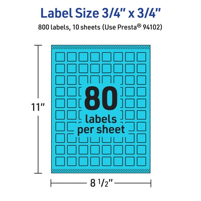 Avery Laser/Inkjet Multipurpose Square Labels, 0.75" x 0.75", Bright Blue, 800/Pack (94102)
