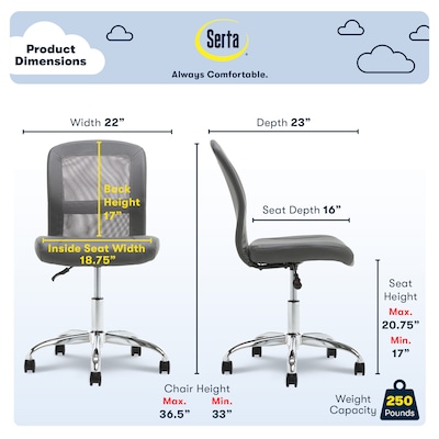 Serta Essentials Armless Ergonomic Bonded Leather/Mesh Swivel Task Chair, Gray (48740A)