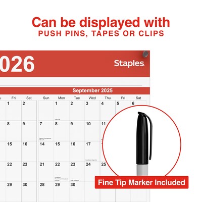 2025-2026 Staples 32" x 48" Academic Yearly Dry-Erase Wall Calendar, Red/White (ST54274-25)