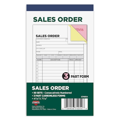 Cosco 3-Part Carbonless Sales Orders, 4.1875 x 7.1875, 50 Sets/Book (074054)
