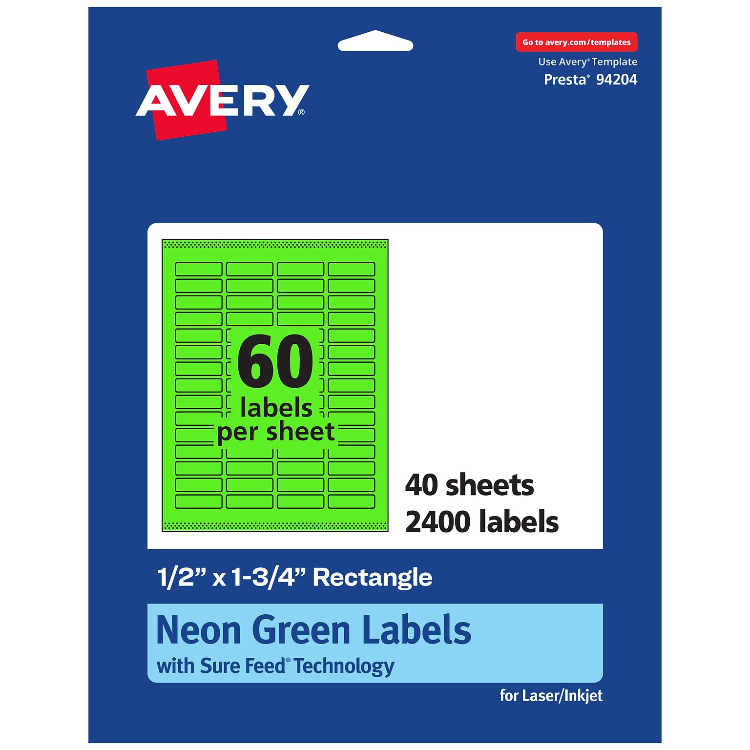 Avery Laser/Inkjet Multipurpose Rectangle Labels, 0.5 x 1.75, Neon Green, 2400/Pack (94204)