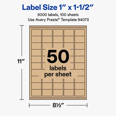 Avery Rectangle Laser/Inkjet Multipurpose Labels, Kraft Brown, 50 Labels/Sheet, 100 Sheets/Pack (19479311162)