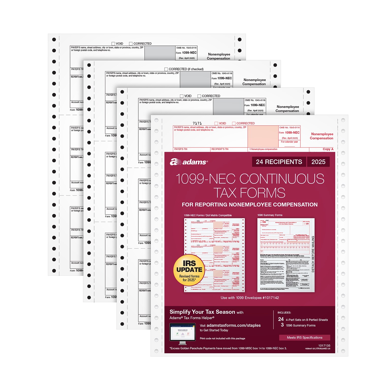 Adams 2025 1099-NEC Tax Forms Set, 4-Part, 3-Up, A, 1, B & 2, 24/Pack (STAX524NEC-25)