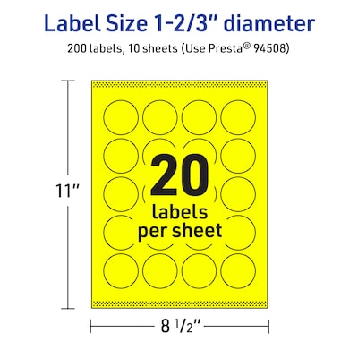 Avery Round Laser/Inkjet Multipurpose Labels, 1-2/3" Dia, Neon Yellow (200/Pack)