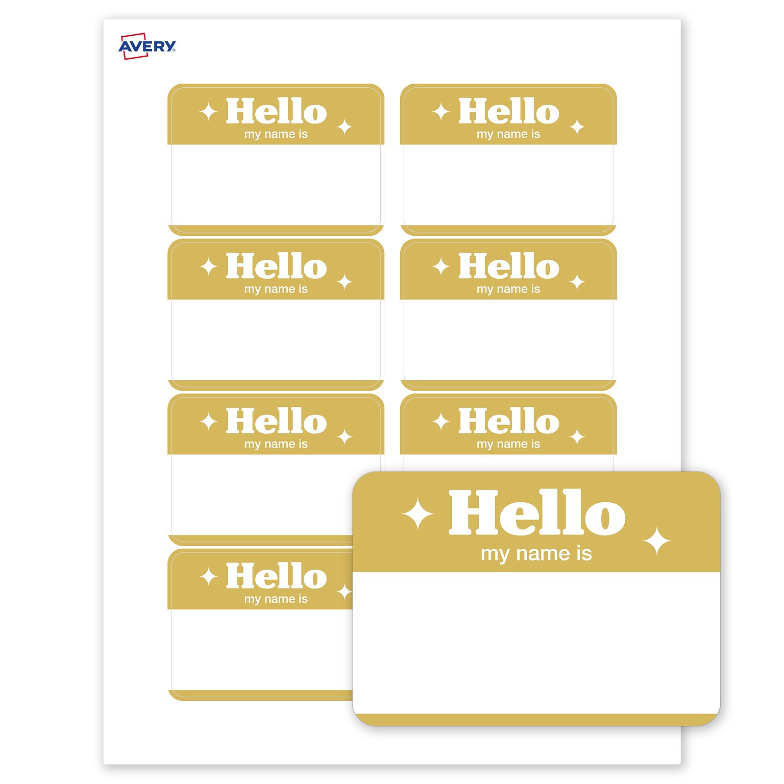 Avery Adhesive Name Tags, Pre-printed Gold Hello My Name Is Design